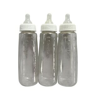Vintage Gerber Baby Bottles 9oz Clear Plastic with White Caps & Nipples Set of 3